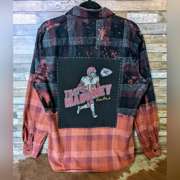 Kansas City Chiefs Mahomies Upcycled Handcrafted Dip Dye Bleach Flannel Shirt - Picture 1 of 15